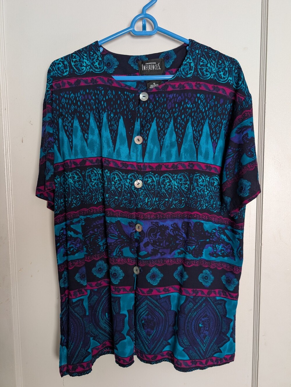Fashion Influences Navy Blue & Teal Printed Button Front Top